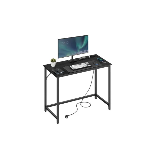 Table de Travail Industrielle Bureau Informatique avec Multiprises LED Noir Boisé