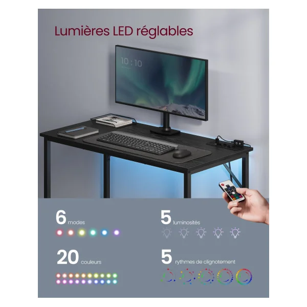 Table de Travail Industrielle Bureau Informatique avec Multiprises LED Noir Boisé