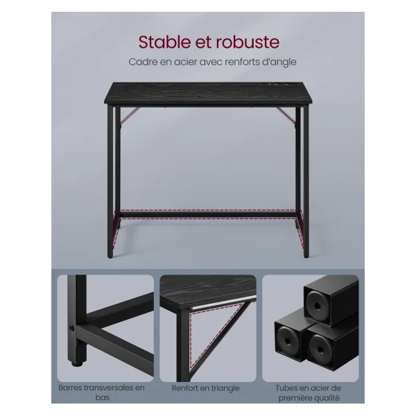 Table de Travail Industrielle Bureau Informatique avec Multiprises LED Noir Boisé