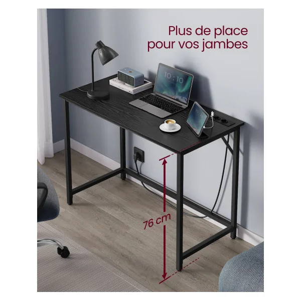 Table de Travail Industrielle Bureau Informatique avec Multiprises LED Noir Boisé