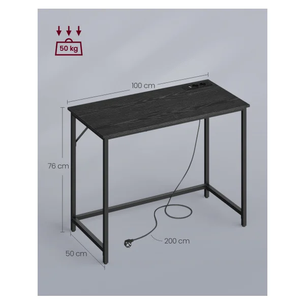 Table de Travail Industrielle Bureau Informatique avec Multiprises LED Noir Boisé