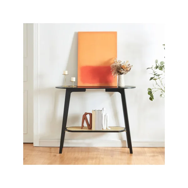 Table d'Entrée Console d'Entrée en Bambou Noir 100 x 35 x 80 cm Plateau Effet Cannage