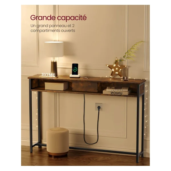 Table d'Entrée Console Fine Marron Rustique Table de Canapé avec 2 Compartiments Chargement Caché Gain de Place