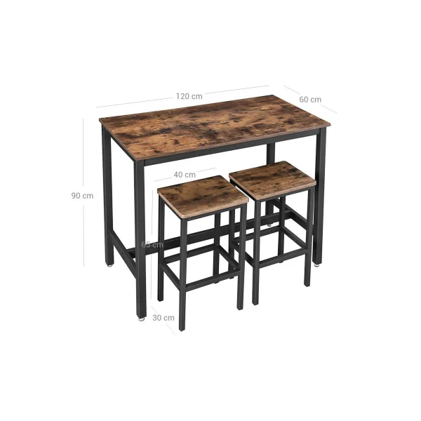 Table et Chaises de Bar Marron Rustique Noir Table Haute avec 2 Tabourets de Style Industriel Cuisine Salon