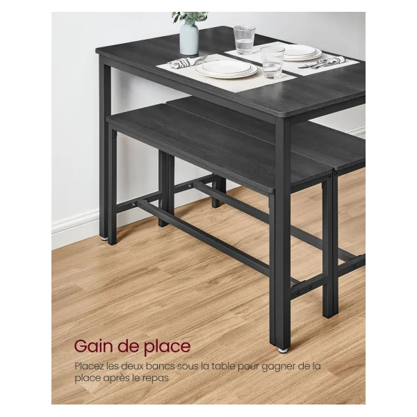 Table à Manger avec 2 Bancs Grège Noir Cendré en Acier Noir Table Repas Cuisine Salon