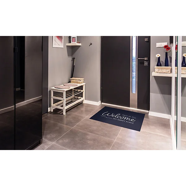 Tapis d'entrée absorbant welcome happy place bleu L.60 x l.40 cm Sweetsol