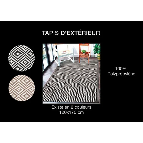 Tapis d'extérieur tissé imprimé losanges noir L.170 x l.120cm Dylrev