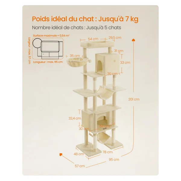 Tour de Chat Chat Arbre à Chat XXL 201 cm Beige Multi-Niveaux