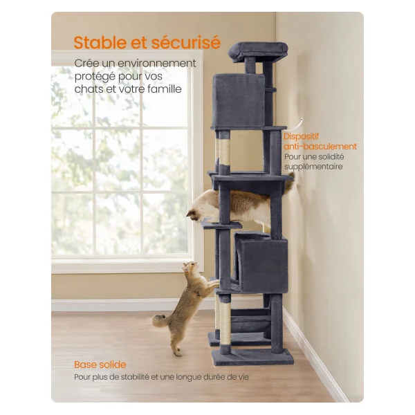 Tour de Chat Chat Arbre à Chat XXL 201 cm Gris Foncé Multi-Niveaux