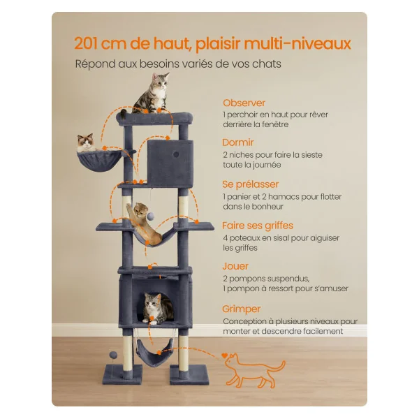 Tour de Chat Chat Arbre à Chat XXL 201 cm Gris Foncé Multi-Niveaux