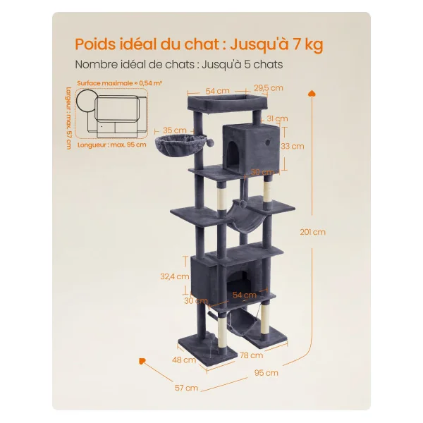 Tour de Chat Chat Arbre à Chat XXL 201 cm Gris Foncé Multi-Niveaux