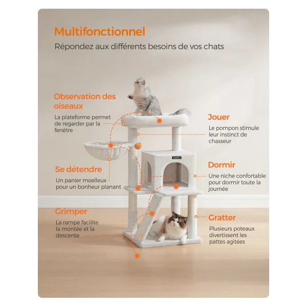 Tour de Jeu Chat 96 cm Blanc Crème Arbre à Chat 96 cm Poteaux à Gratter