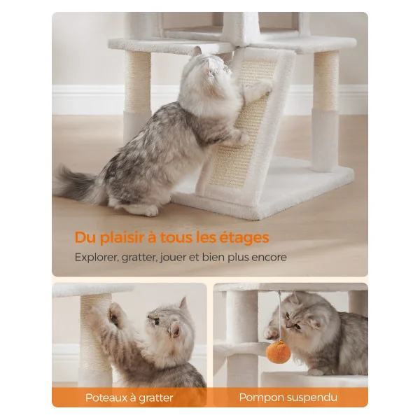 Tour de Jeu Chat 96 cm Blanc Crème Arbre à Chat 96 cm Poteaux à Gratter