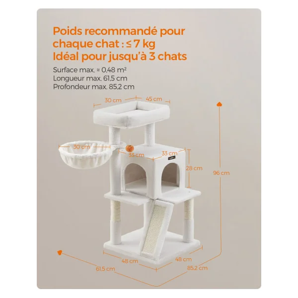 Tour de Jeu Chat 96 cm Blanc Crème Arbre à Chat 96 cm Poteaux à Gratter