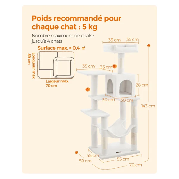 Tour de Jeu Chat Arbre à Chat 143 cm Blanc Crème avec Niche Griffoir Hamac