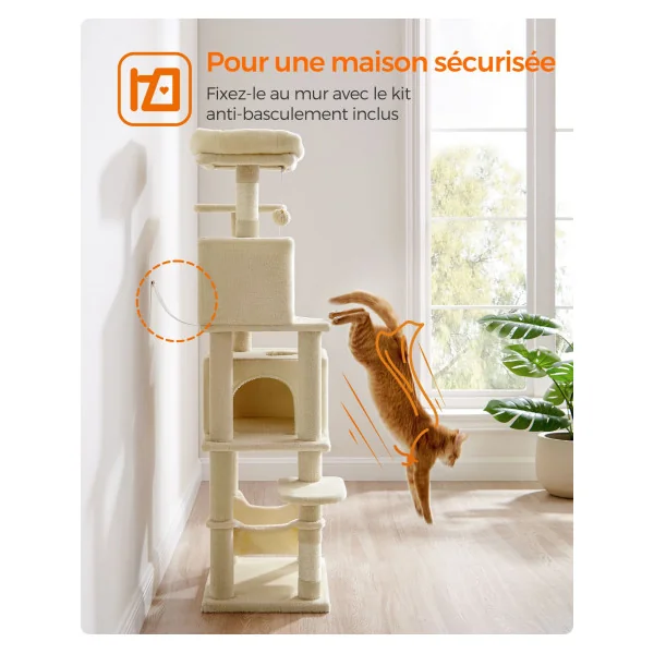 Tour de Jeu Chat Arbre à Chat 155 cm Tissu Peluche Multi-niveaux Beige