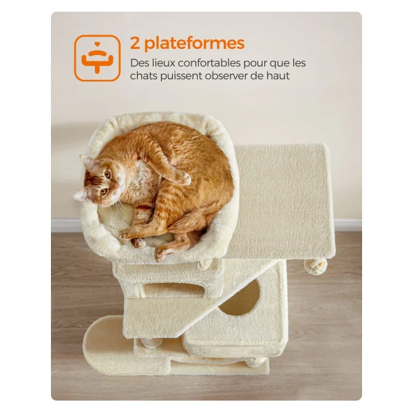 Tour de Jeu Chat Arbre à Chat 155 cm Tissu Peluche Multi-niveaux Beige