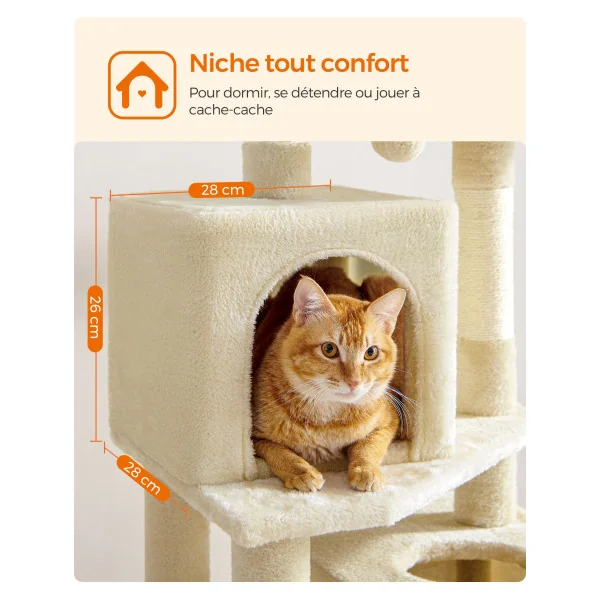 Tour de Jeu Chat Arbre à Chat 155 cm Tissu Peluche Multi-niveaux Beige