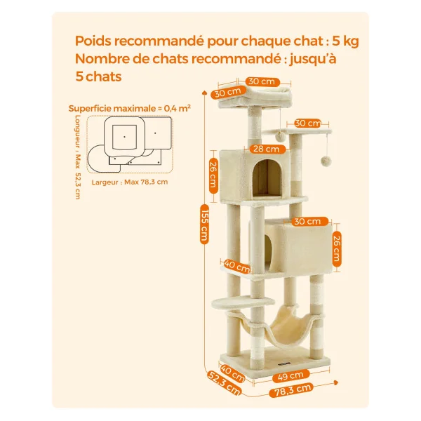 Tour de Jeu Chat Arbre à Chat 155 cm Tissu Peluche Multi-niveaux Beige