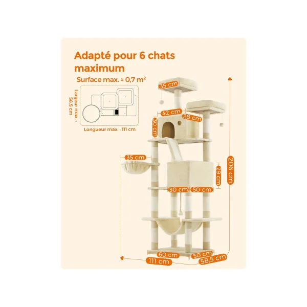 Tour de Jeu Chat Arbre à Chat 206 cm Beige avec Griffoir Niche Hamac