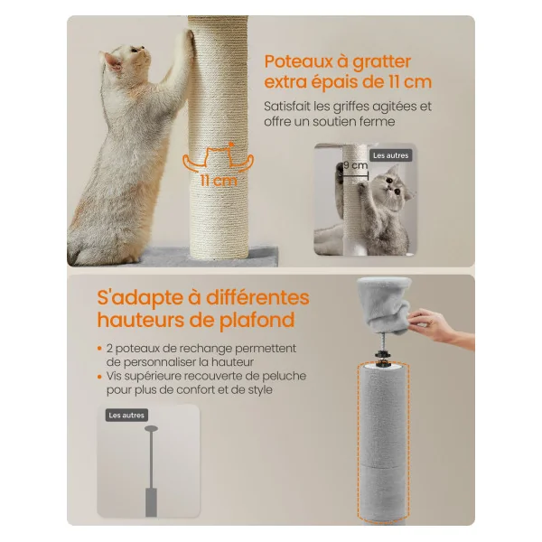 Tour de Jeu Chat Arbre à Chat du Sol au Plafond 231-291 cm Gris Clair
