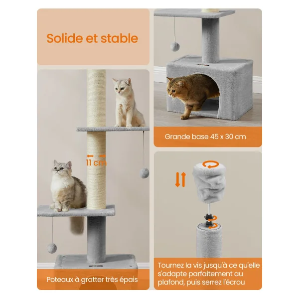 Tour de Jeu Chat Arbre à Chat du Sol au Plafond 231-291 cm Gris Clair