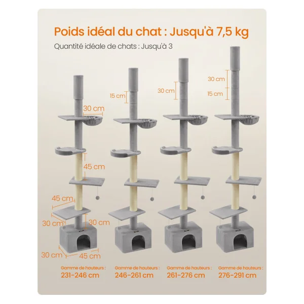 Tour de Jeu Chat Arbre à Chat du Sol au Plafond 231-291 cm Gris Clair