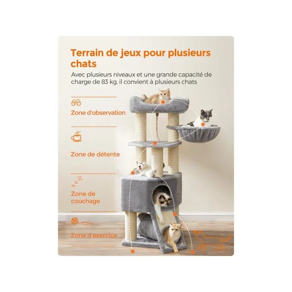 Tour de Jeu Chat Gris Clair Arbre à Chat 141 cm Plate-Forme d'Observation Hamac Grande Grotte