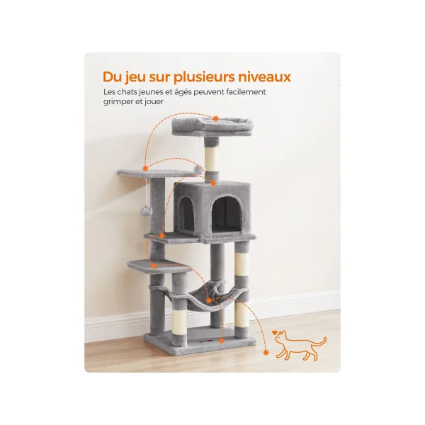 Tour de Jeu Félin Arbre à Chat 112 cm Multi-niveaux Gris Clair Niche Hamac Grattoir
