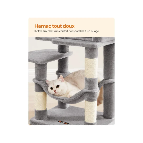 Tour de Jeu Félin Arbre à Chat 112 cm Multi-niveaux Gris Clair Niche Hamac Grattoir