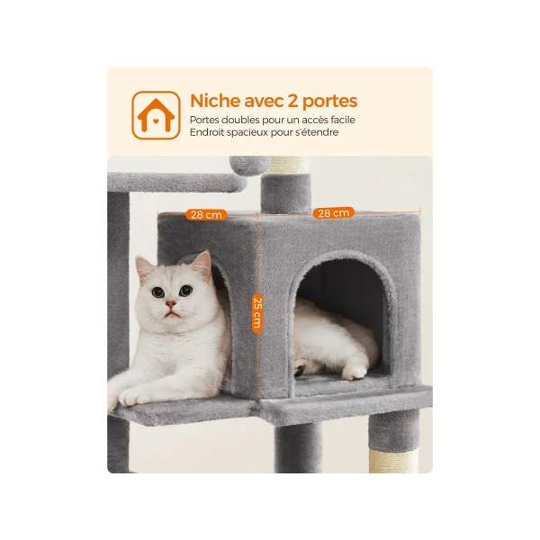 Tour de Jeu Félin Arbre à Chat 112 cm Multi-niveaux Gris Clair Niche Hamac Grattoir