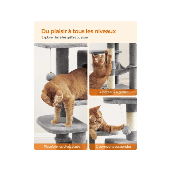 Tour de Jeu Félin Arbre à Chat 112 cm Multi-niveaux Gris Clair Niche Hamac Grattoir