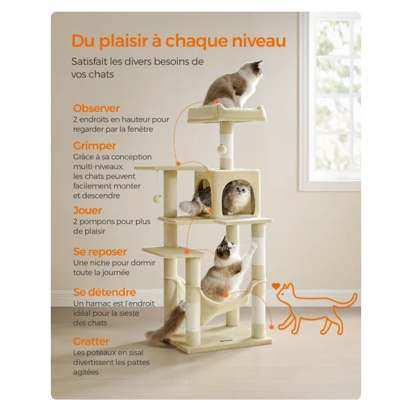 Tour de Jeu Félins Arbre à Chat 143 cm avec 4 poteaux à Griffer Beige