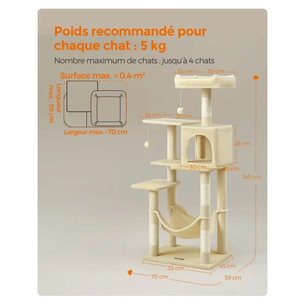 Tour de Jeu Félins Arbre à Chat 143 cm avec 4 poteaux à Griffer Beige