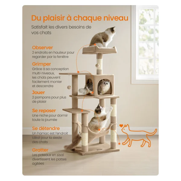Tour de Jeu Félins Arbre à Chat 143 cm avec 4 poteaux à Griffer Niche Hamac Marron Camel