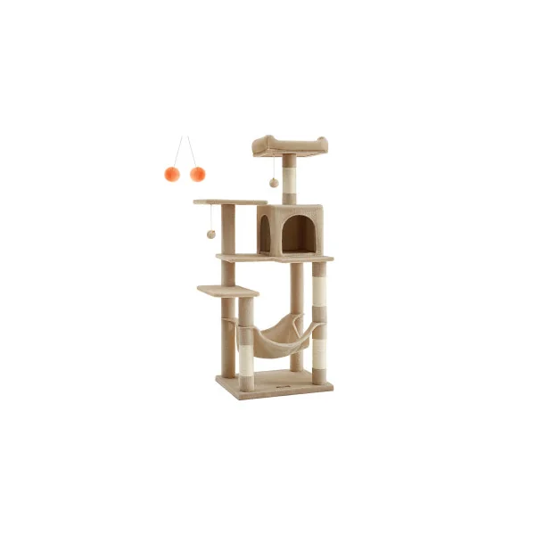 Tour de Jeu Félins Arbre à Chat 143 cm avec 4 poteaux à Griffer Niche Hamac Marron Camel