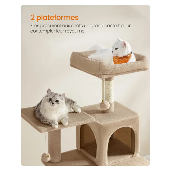 Tour de Jeu Félins Arbre à Chat 143 cm avec 4 poteaux à Griffer Niche Hamac Marron Camel