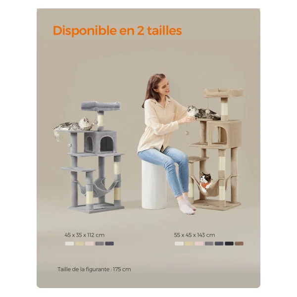 Tour de Jeu Félins Arbre à Chat 143 cm avec 4 poteaux à Griffer Niche Hamac Marron Camel