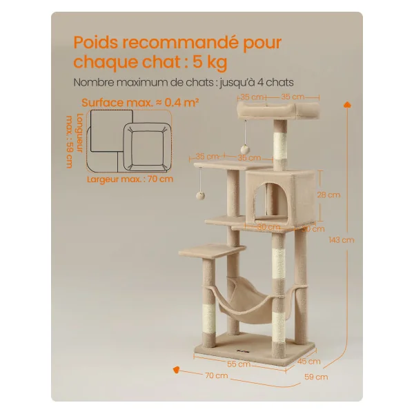 Tour de Jeu Félins Arbre à Chat 143 cm avec 4 poteaux à Griffer Niche Hamac Marron Camel