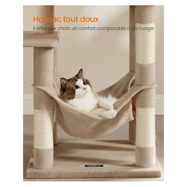 Tour de Jeu Félins Arbre à Chat 143 cm avec 4 poteaux à Griffer Niche Hamac Marron Camel
