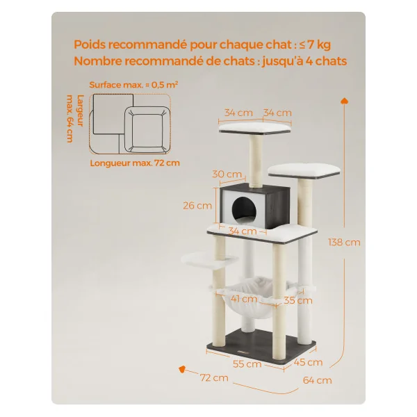 Tour de Jeux Chat 138 cm Arbre à Chat avec Griffoirs Gris Brumeux