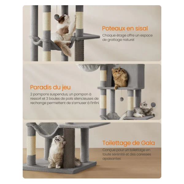 Tour à Chat Arbre à Chat 175 cm Multi-Niveaux 2 paniers 5 griffoirs Gris Tourterelle
