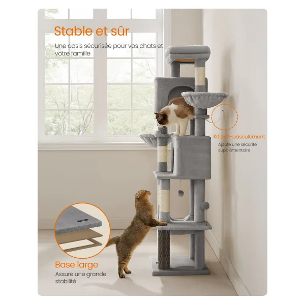 Tour à Chat Arbre à Chat 175 cm Multi-Niveaux 2 paniers 5 griffoirs Gris Tourterelle