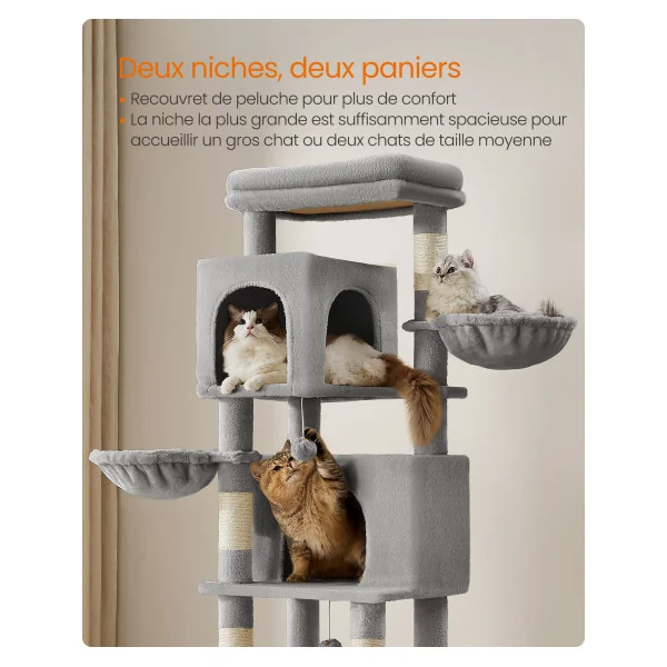 Tour à Chat Arbre à Chat 175 cm Multi-Niveaux 2 paniers 5 griffoirs Gris Tourterelle