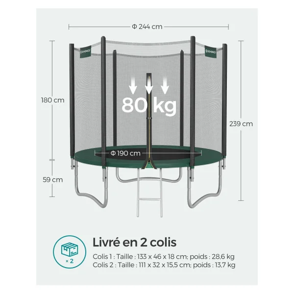 Trampoline Enfant Extérieur 244Ø pour Jardin avec Filet de Protection et Échelle