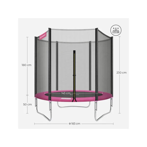 Trampoline Enfant Extérieur Ø 183 cm pour Jardin Rose et Noir avec Filet de Protection et Échelle