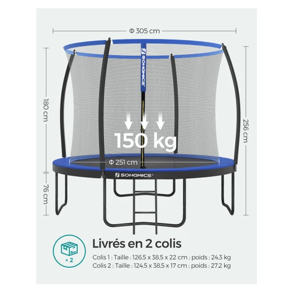 Trampoline Enfant Extérieur Ø 305 cm pour Jardin Bleu et Noir avec Filet de Protection et Échelle