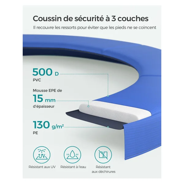 Trampoline Enfant Extérieur Ø 305 cm pour Jardin Bleu et Noir avec Filet de Protection et Échelle