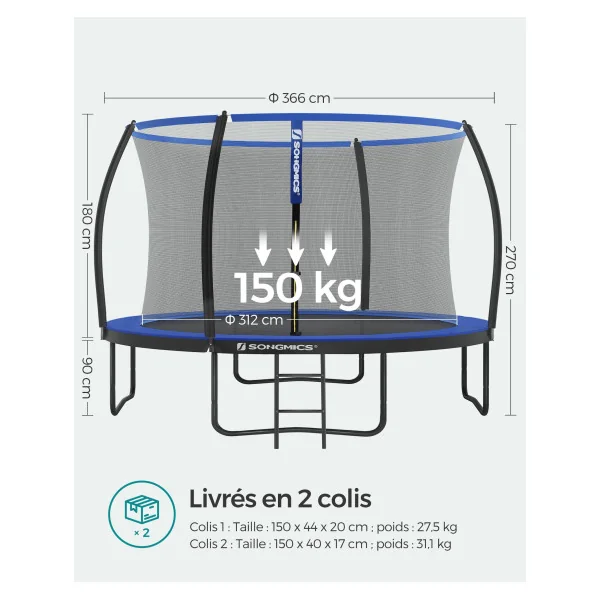 Trampoline Enfant Extérieur Ø 366 cm pour Jardin Noir et Bleu avec Filet de Protection et Échelle