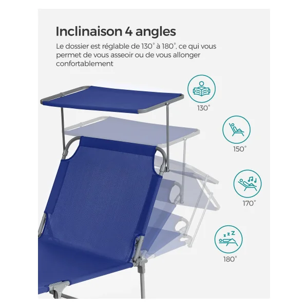 Transat Bleu Foncé avec Parasol Bain de Soleil en acier